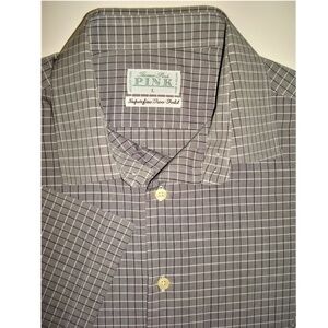 THOMAS PINK "Superfine Two-Fold" Gray, Black, White Checked Short Sleeve Shirt